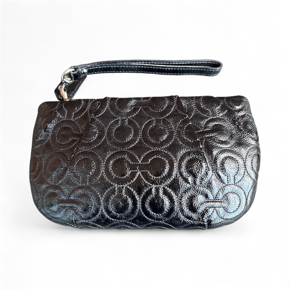 Coach Signature Black Patent Leather Wristlet Clutch